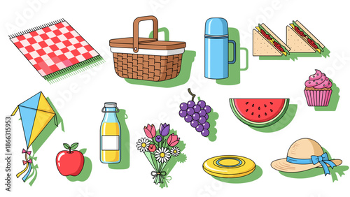 Summer Picnic Cartoon Vector Elements: Basket, Blanket, Food, and Fun - isolated on transparent background. Perfect for design projects, illustrations, and summertime themes.