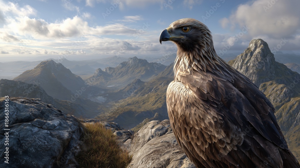 Fototapeta premium A powerful, super realistic medium close-up of a majestic eagle (e.g., a Golden Eagle or Bald Eagle) perched regally on a rugged rocky mountain outcrop.