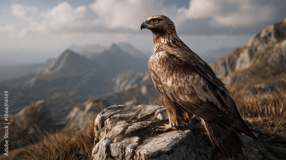 Fototapeta premium A powerful, super realistic medium close-up of a majestic eagle (e.g., a Golden Eagle or Bald Eagle) perched regally on a rugged rocky mountain outcrop.