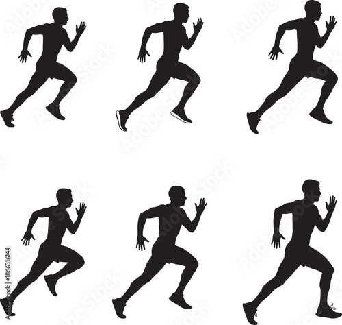 Six black silhouettes of men running in different poses