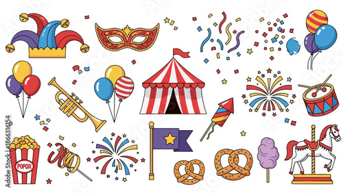Vector Carnival Elements Set: Festive Celebration, Circus Fun, and Party Icons isolated on transparent background. Graphic Assets for Invitation Design, Event Marketing.