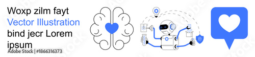 Artificial intelligence, technology, healthcare, emotional intelligence, robotics, digital transformation. Robot interacting with icons, brain with heart and speech bubble. Artificial intelligence