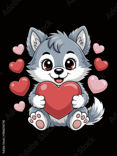 A charming cartoon husky pup holds a large red heart, surrounded by smaller hearts.