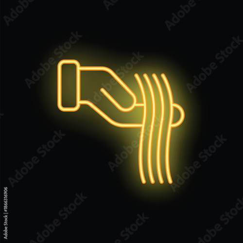 Neon yellow glowing icon of a hand touching hair strands, on a black background