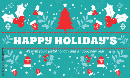 Happy holidays banner with Christmas tree and festive winter decoration