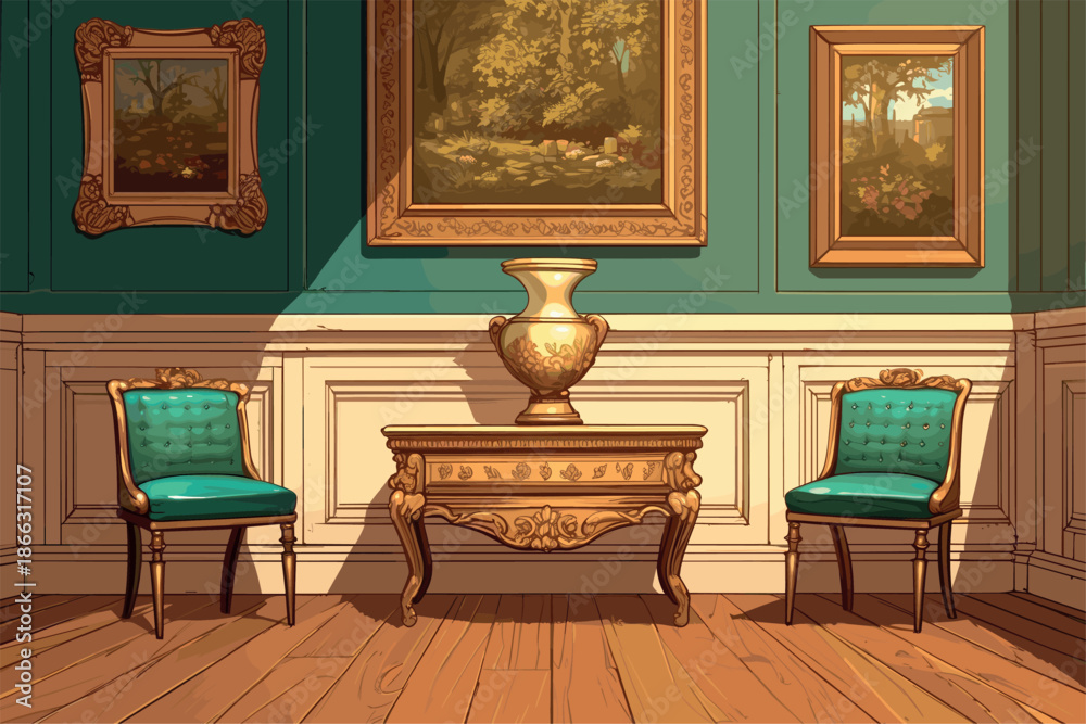 Fototapeta premium Cartoon museum interior with antique vase and ancient paintings, soft antique chairs nearby, elegant vintage ornate table, palace interior, old exhibits, vector illustration