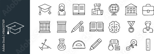 education icon pack graduation book pencil globe and lab tools