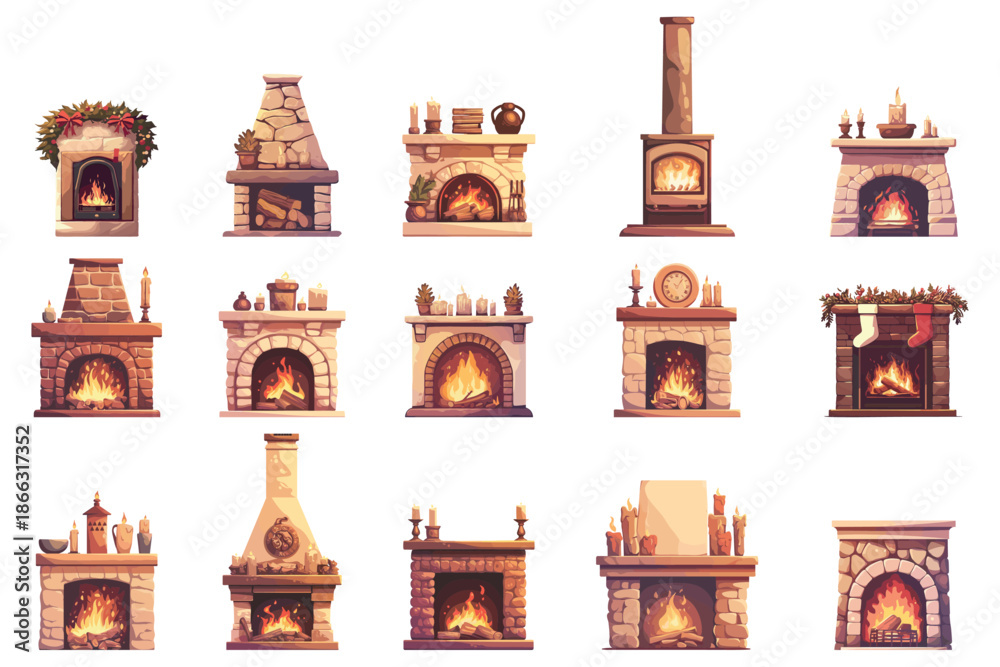 Obraz premium Cartoon set of cozy stone fireplaces with burning fire, home interior, stove, chimney, firewood, winter atmosphere, home heating, vector illustration