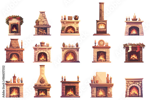 Cartoon set of cozy stone fireplaces with burning fire, home interior, stove, chimney, firewood, winter atmosphere, home heating, vector illustration