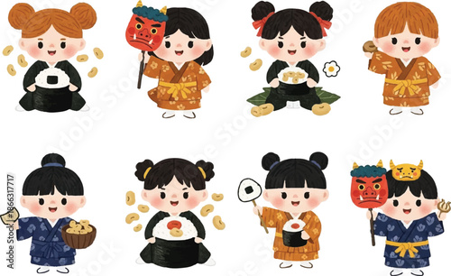 Cute Japanese Setsubun Festival Kids Characters with Oni Mask and Lucky Beans Illustration