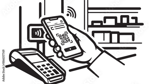 Line Art Illustration of Mobile Payment with QR Code and POS Terminal