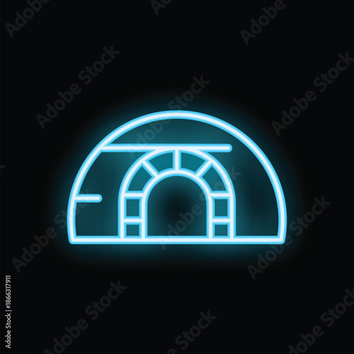 Blue neon icon of an igloo glowing on a black background