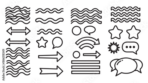 Black Outline Icons: Waves, Arrows, Stars, and Speech Bubbles