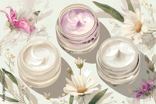 Set of cartoon glass jars with skin creams, various flowers and herbs around, natural product, cosmetics and body care, skin care, vector illustration