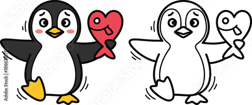 Cute Cartoon Penguin Holding a Heart Shaped Fish Adorable Animal for Love and Food Themes