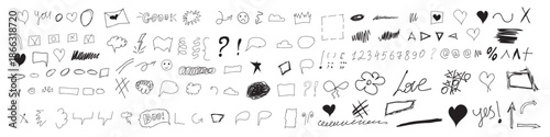 Large set. Hand-drawn elements. Doodle elements. Set of elements. Numbers, brackets, hearts, words, dashes, frames, punctuation marks, circles, arrows.