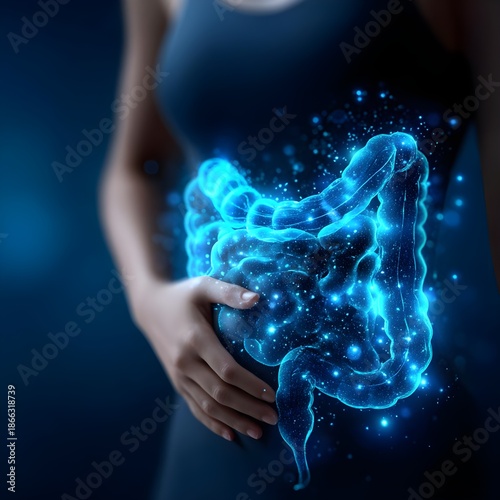 Stomach health concept, Woman hand on belly for healthy probiotic microflora with probiotic, bowel, healthy, health, stomach,  microflora