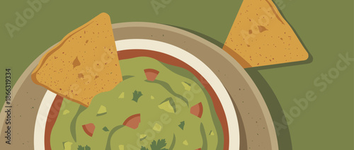 Bowl of fresh guacamole dip with two tortilla chips, a classic appetizer illustrated in a minimalist flat design style from a top-down view on a green background