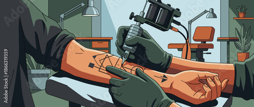 Tattoo artist hands in black gloves using a coil machine to ink a geometric design on a client's forearm in a modern, clean studio illustration