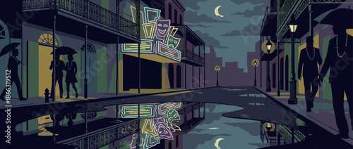 Rainy city street at night with glowing neon signs, historic architecture, and silhouetted people with umbrellas walking past puddles reflecting the moody, cloudy sky