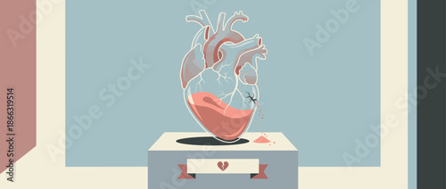 Stylized glass anatomical heart with a crack leaks pink liquid that turns to dust, resting on a pedestal with a broken heart icon in a retro illustration