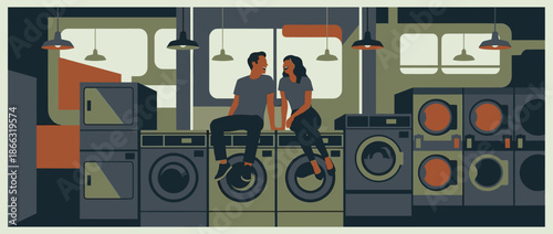 Happy young couple sitting on washing machines and laughing together in a modern laundromat, a romantic and casual date night scene illustrated in a flat graphic style
