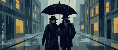 Two mysterious men in dark trench coats and fedora hats walk under a single umbrella on a wet city street during a moody, atmospheric rainstorm at night