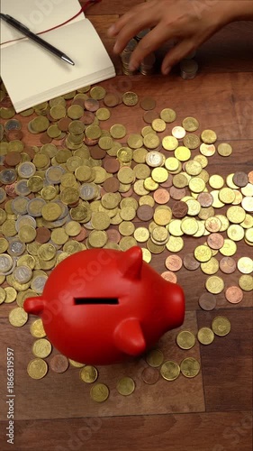 Top view of a hand stacking euro coins into piles on a wooden table. A red piggy bank, notepad, and pen are visible, symbolizing saving