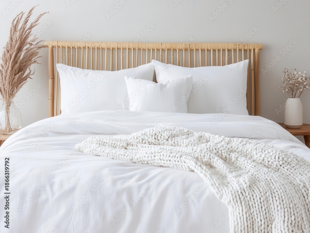 Obraz premium Stylish bamboo bedframe with white linens, accented with a knitted throw and neutral decor, cozy bedroom concept