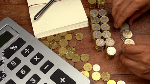 Top view of a person's hands stacking euro coins on a wooden desk. Financial planning concept with a calculator, notepad, and a pen