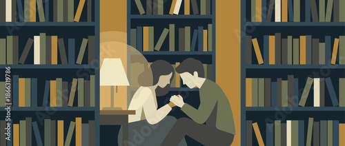 Man and woman arm wrestling intensely at a table in a library, a flat vector illustration depicting a power struggle, relationship conflict, or competition between genders