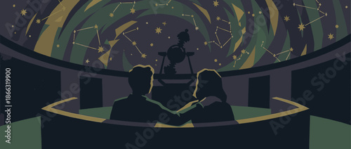 Man and woman couple silhouette sitting together in a dark planetarium watching a star show with constellations projected on the large dome ceiling, a vector illustration