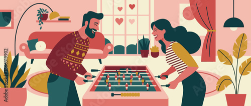 Happy illustrated couple playing table football in a cozy living room, laughing and competing in a fun game during a romantic evening at home with hearts
