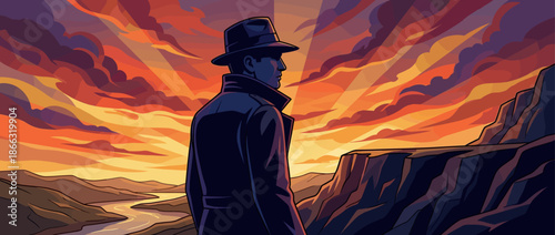 Mysterious man in a fedora hat and trench coat stands on a cliff overlooking a river during a dramatic sunset, rendered in a bold graphic illustration style