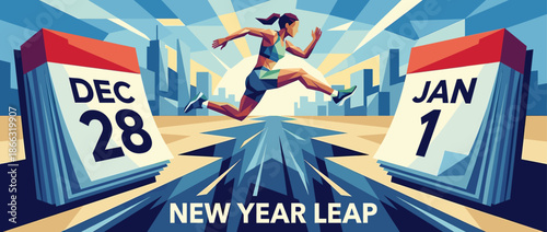 Athletic woman running and leaping forward between two giant calendars, symbolizing a New Year resolution and a fresh start in a modern, geometric illustration style