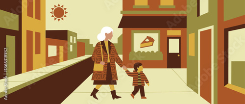 Elderly woman and a young child holding hands walk down a sunny city street in a warm, retro flat illustration style past a bakery with a pie sign in the window