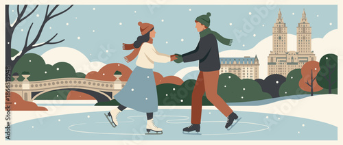 Happy young couple in warm winter clothes ice skating together while holding hands on a frozen rink in a snowy city park, a romantic flat vector illustration with a vintage feel