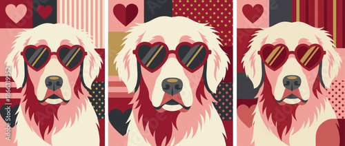 Stylish golden retriever dog wearing red heart-shaped sunglasses in a pop art triptych illustration with a romantic geometric pattern background of hearts and stripes
