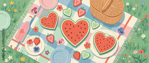 Heart-shaped watermelon slices and strawberries arranged for a romantic picnic on a checkered blanket with a basket and lemonade in a summer meadow, flat lay illustration