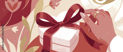 Elegant female hand with a ring tying a beautiful red ribbon bow on a white heart-shaped gift box in a romantic, modern illustration with a floral background