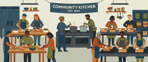 Diverse group of volunteers working together in a community kitchen, cooking hot meals, chopping vegetables, and packing food donations into boxes in a flat vector illustration style