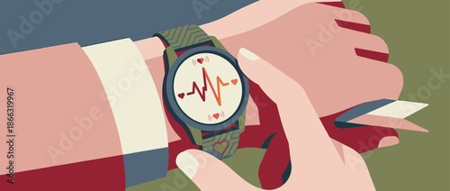 Smartwatch with a heart rate monitor on a person's wrist displaying an EKG line, with a finger touching the screen in a flat design vector illustration