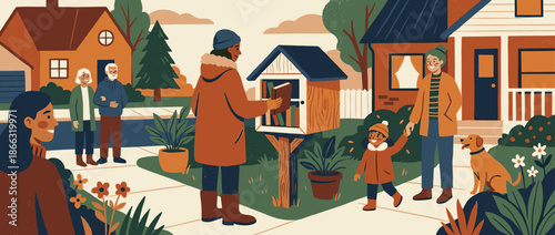 Diverse community of neighbors sharing books at a little free library on a suburban sidewalk in a heartwarming and friendly illustrated scene