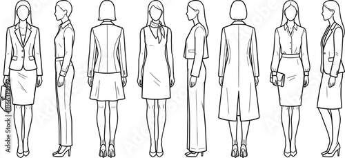 Monochrome line art illustration of professional business woman character set shown in multiple views, front side and back poses, ideal for fashion design, corporate style, and reference templates