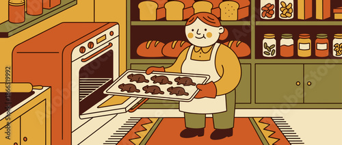 Smiling cartoon baker wearing an apron holds a baking tray with fresh beaver-shaped cookies, putting them into an open oven in a cozy, retro-style kitchen with shelves of bread