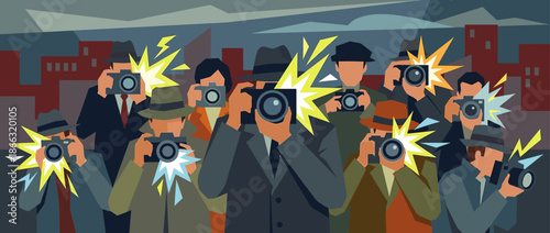 Large crowd of retro paparazzi photographers aggressively taking pictures with bright camera flashes, creating a media frenzy in a stylized, graphic illustration against a city skyline