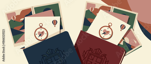 Illustrated passports postcards and a heart compass arranged in a flat lay composition representing a romantic journey, adventure, and shared travel memories in a minimalist style