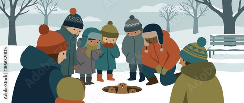 Diverse group of children in winter coats and hats look into a burrow at two groundhogs in a snowy park scene, a charming vector illustration for Groundhog Day