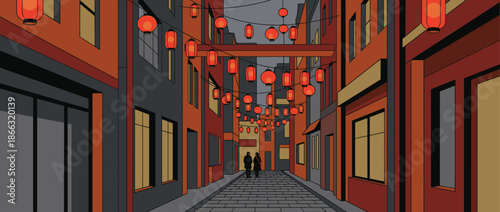 Vector illustration of a narrow city street decorated with glowing red paper lanterns where a silhouetted couple walks on a cobblestone path at dusk