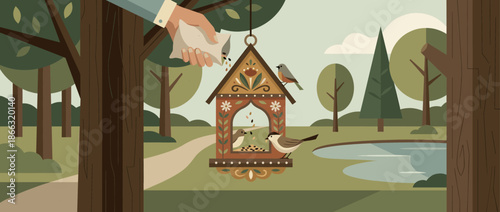 Decorative wooden bird feeder with birds is being filled with seeds from a paper bag by a person's hand in a tranquil park with trees and a pond